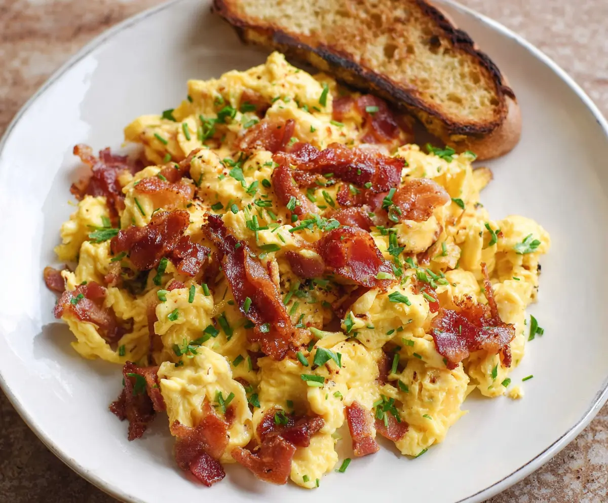 Easy Fluffy Cheesy Scrambled Eggs with Bacon Recipe